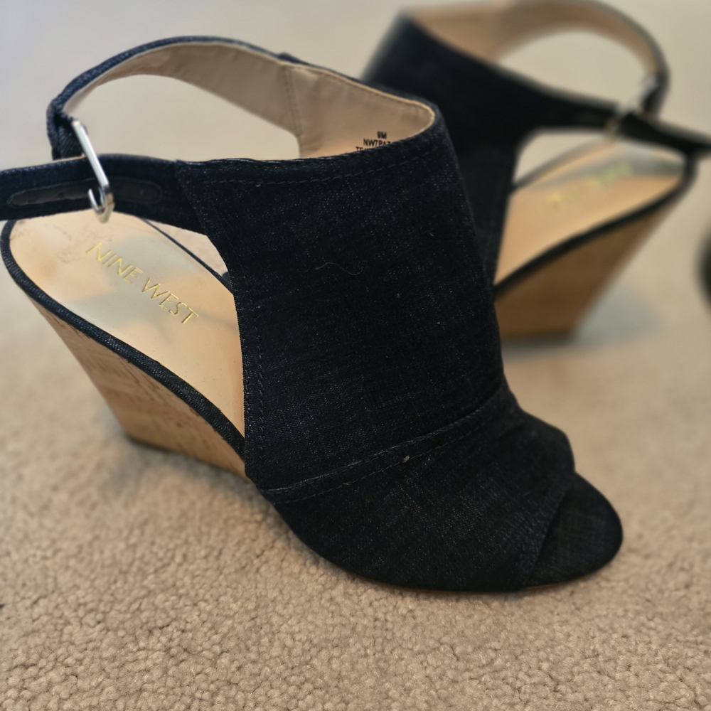 Nine West Dark Blue DENIM Peep Toe Wedge Sandals